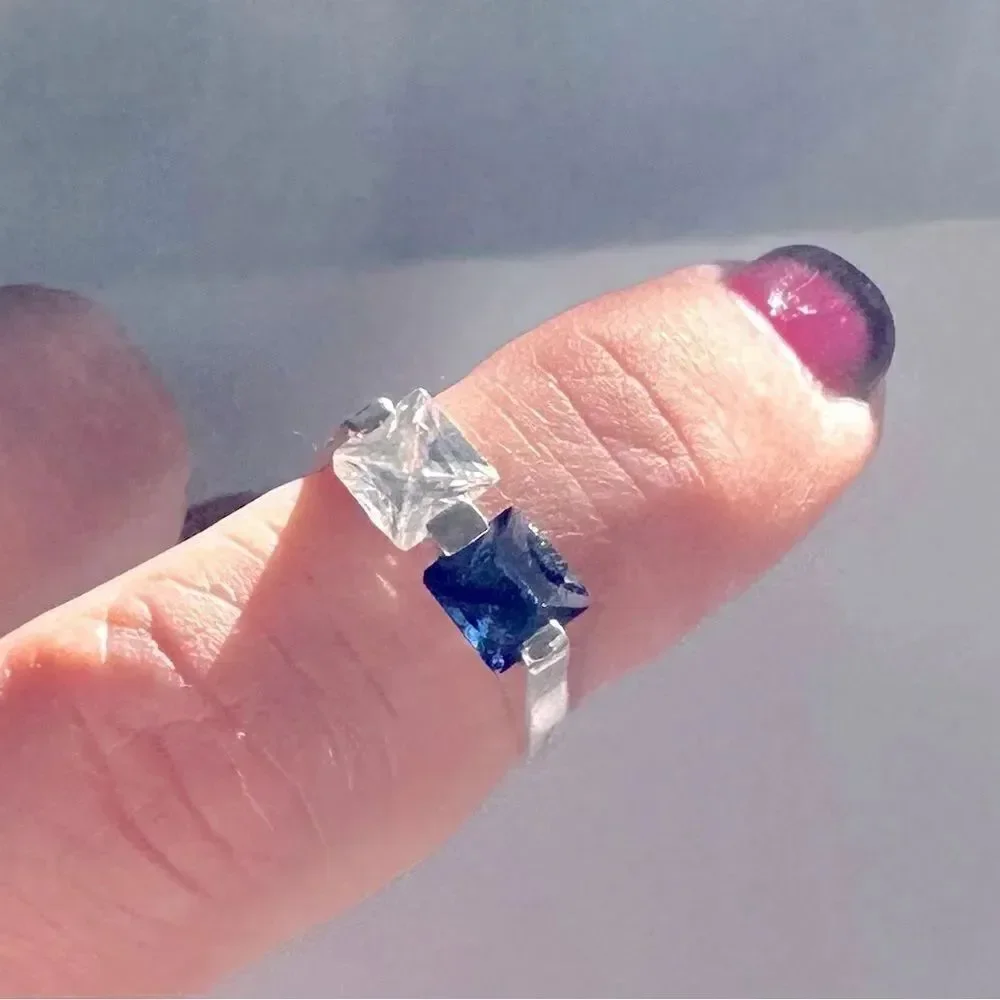 Sterling Silver Vintage Minimalist Ring with Blue and Clear Stones